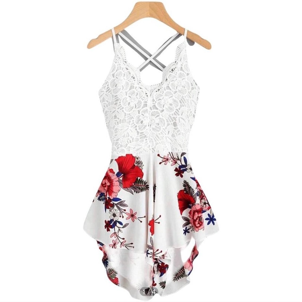 Crochet Lace Floral Print Self-Tie Romper Size S